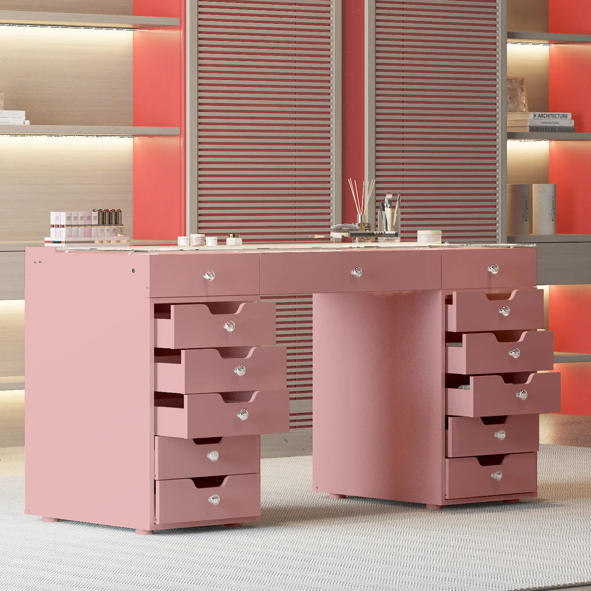 Eva Vanity Desk - 13 Storage Drawers Pink