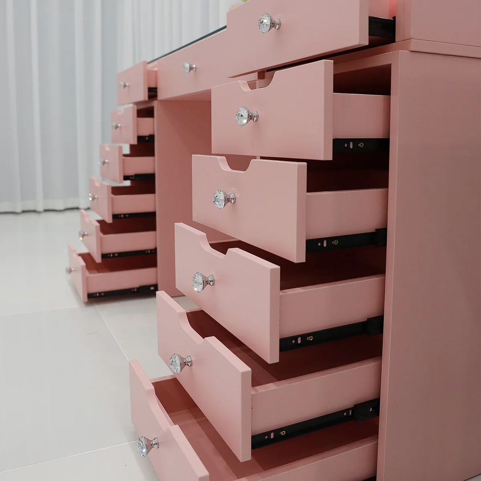 Eva Vanity Desk - 13 Storage Drawers Pink