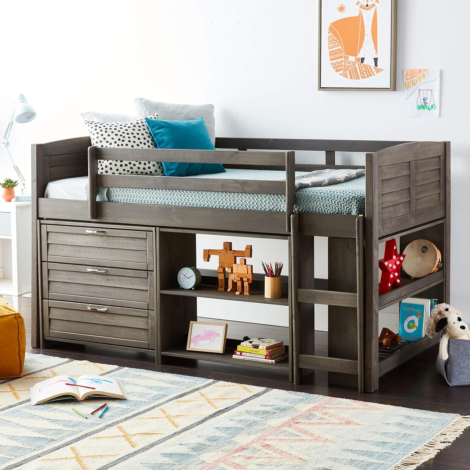 790-TAG-B Cama baja tipo loft con dos rejillas, color gris