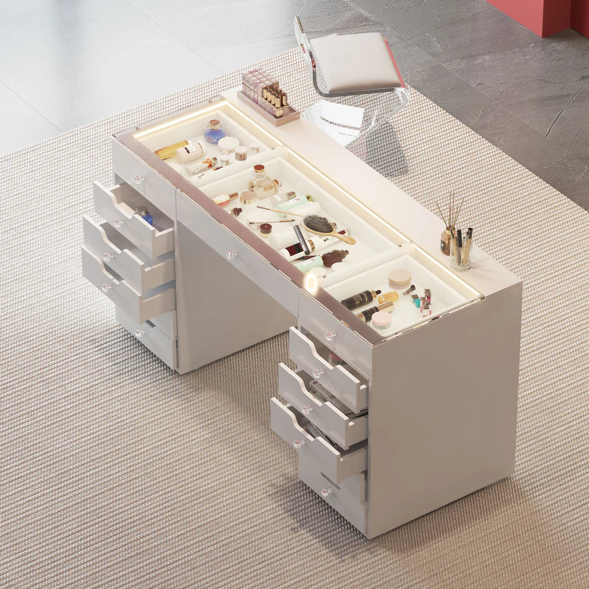 Eva White Vanity Desk - 13 Storage Drawers