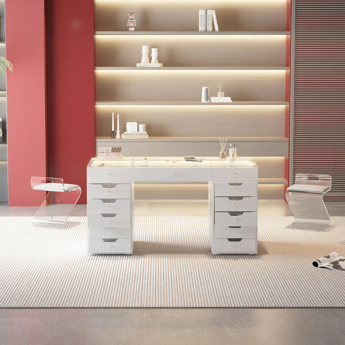 Eva White Vanity Desk - 13 Storage Drawers