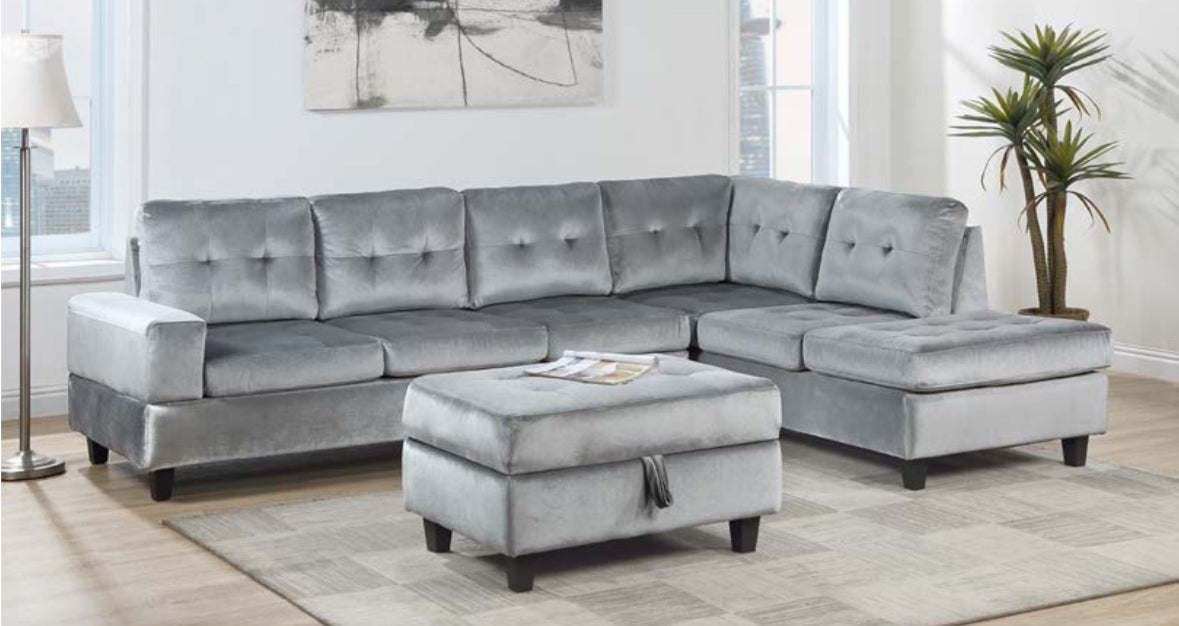 SH3223SLV Silver Sectional + Ottoman Set