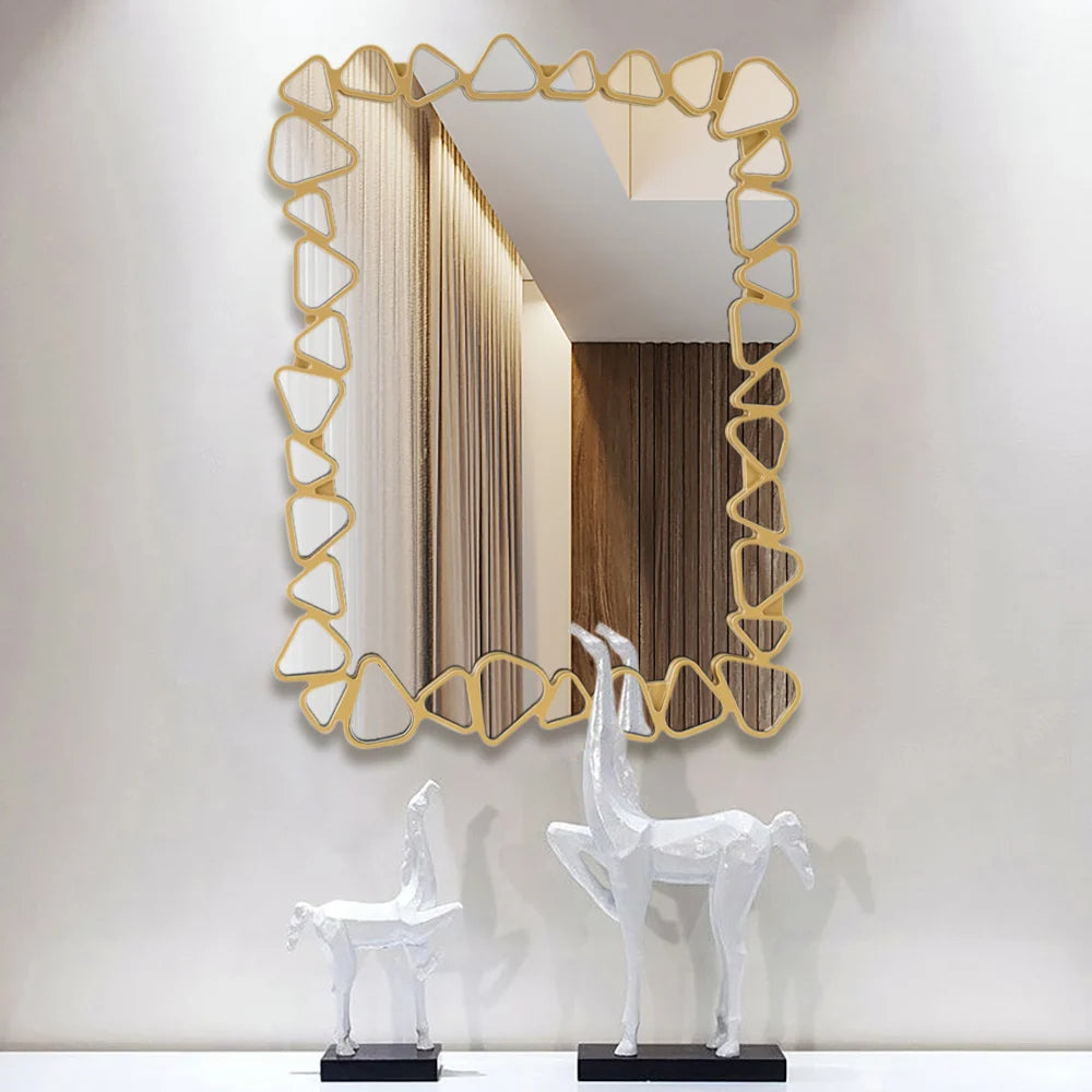 Modern Large Gold Rectangle Irregular Pebble Wall Mirror Decor
