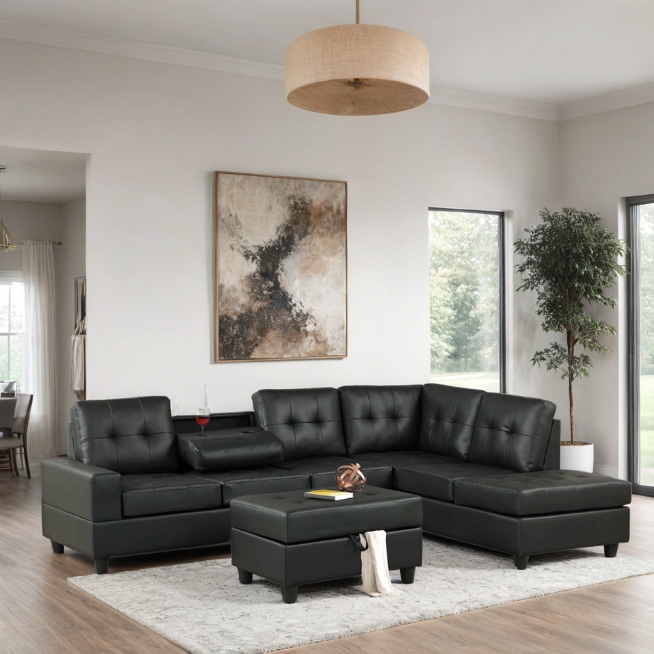 Heights Black Sectional + Ottoman Set