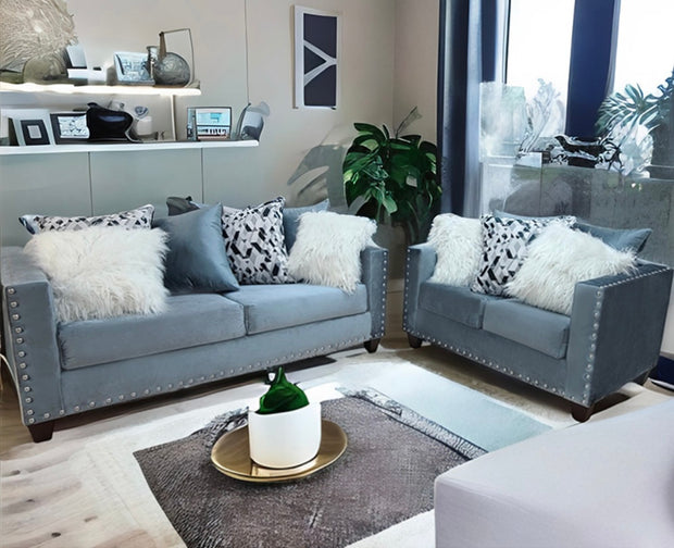 2019 Grey/Blue Sofa + Loveseat Nailheads