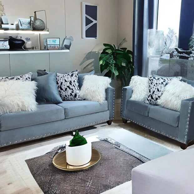 2019 Grey/Blue Sofa + Loveseat Nailheads