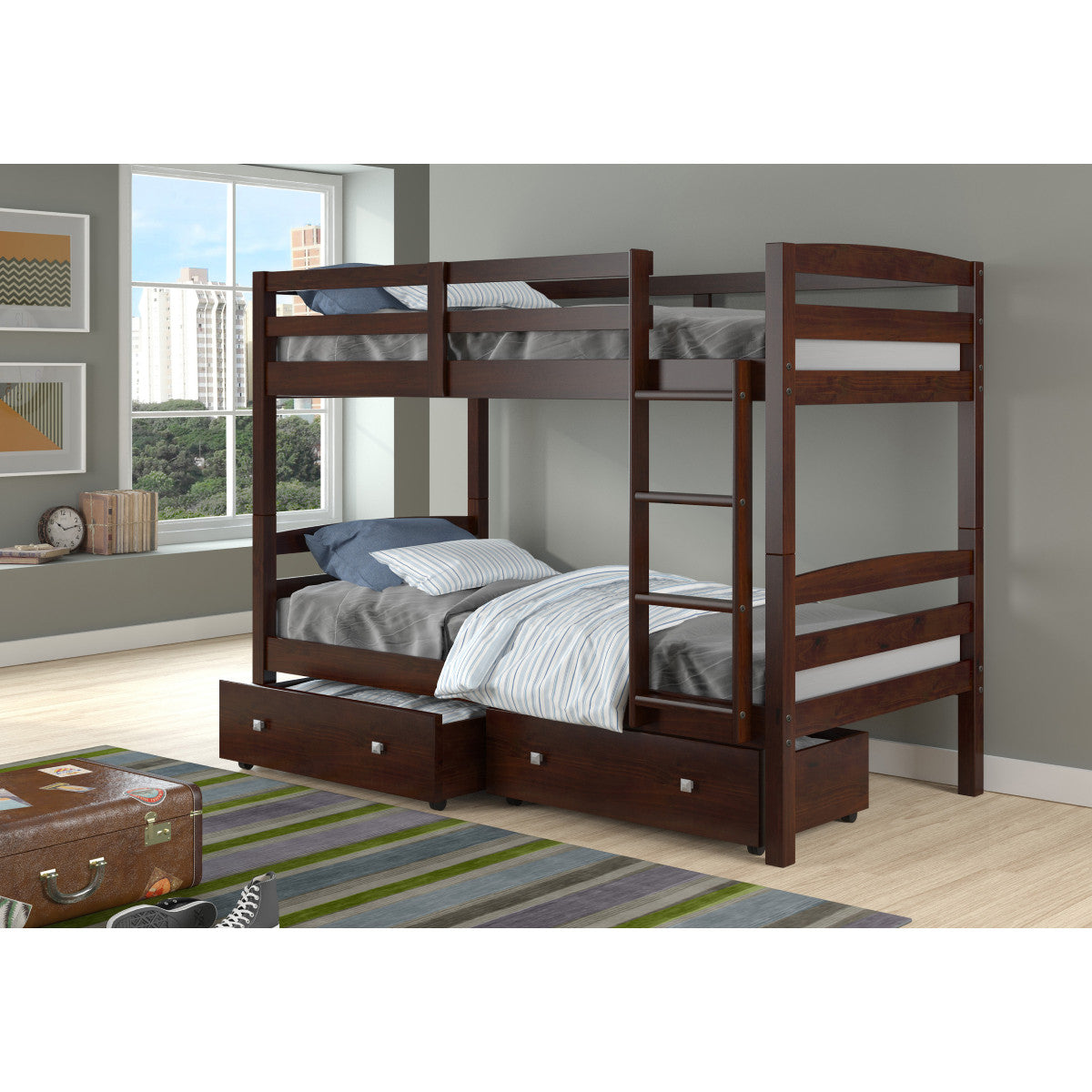 4100-CP 505 CAPPUCCINO TWIN/TWIN BUNK BED + UNDERBED DRAWERS