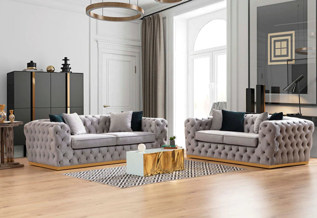 Sofá y loveseat de terciopelo gris Stella