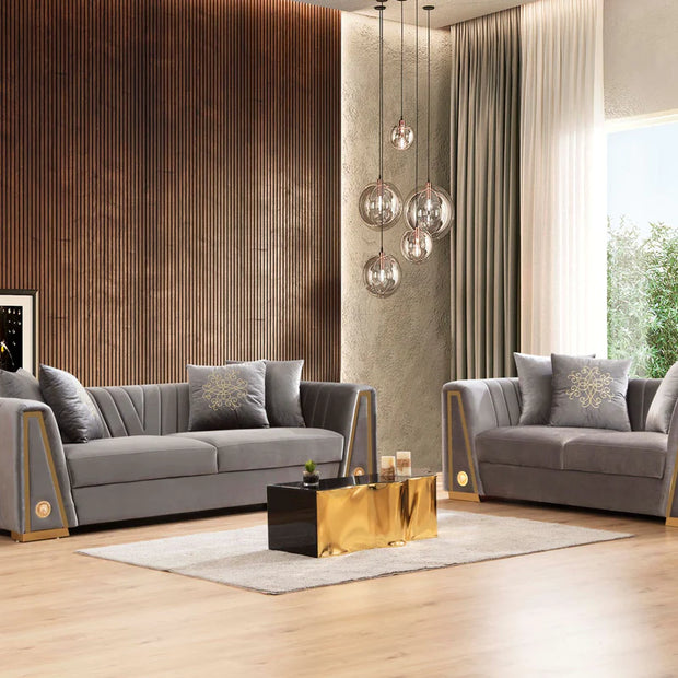 Sofá y loveseat de terciopelo gris Sheila