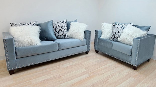 2019 Grey/Blue Sofa + Loveseat Nailheads