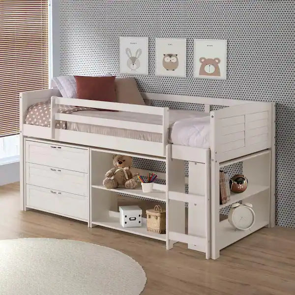 790-TW-B Cama baja tipo loft con dos rejillas, color blanco