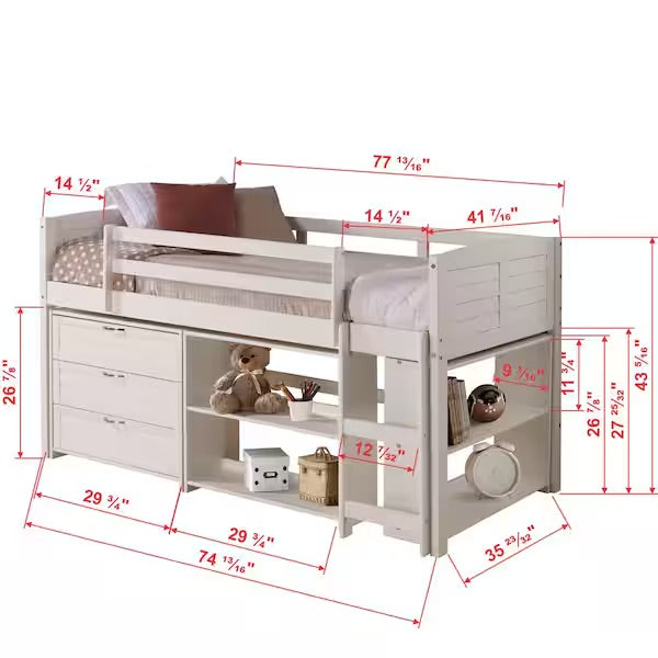 790-TW-B Cama baja tipo loft con dos rejillas, color blanco